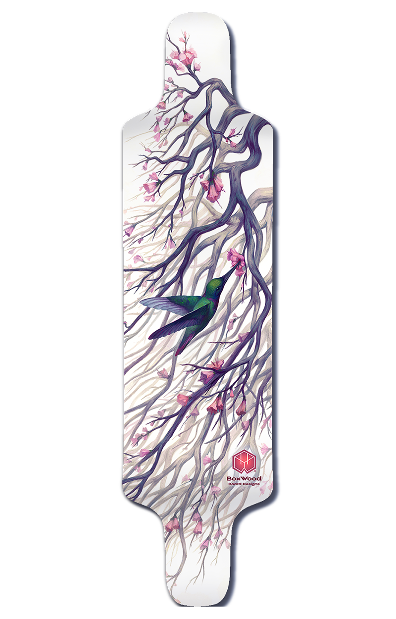 Tranquil Longboard BARK. There are several Longboard BARK vinyl wraps to choose from. The artwork on the board is a hummingbird and a Japanese cherry blossom tree painted by Aaron Holley.