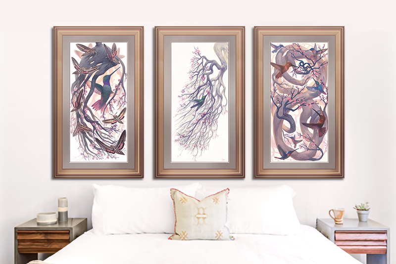 Tranquil trilogy matted and framed in a bedroom above the headboard. These are archival Limited Edition giclée prints.