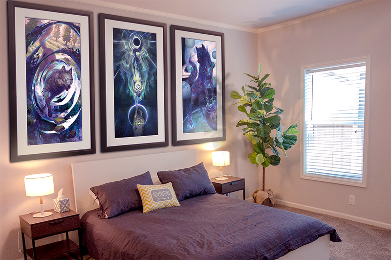 Wolf Star trilogy matted and framed in a bedroom above the headboard. These are archival Limited Edition giclée prints.
